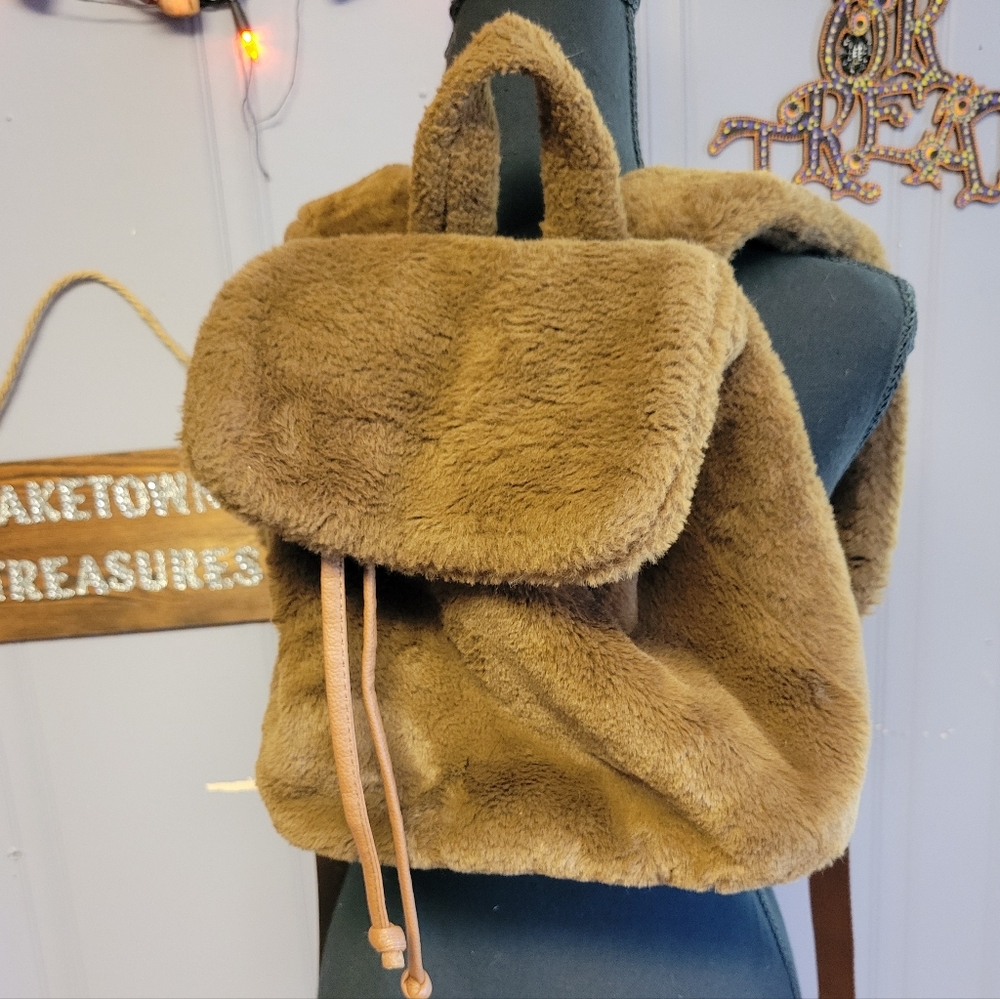 Brown Faux Fur Backpack super soft drawstring closure